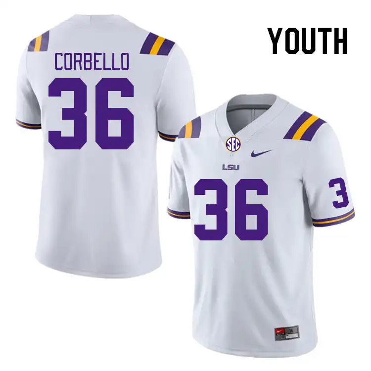 Youth LSU Tigers Aidan Corbello #36 White NCAA Football Jersey